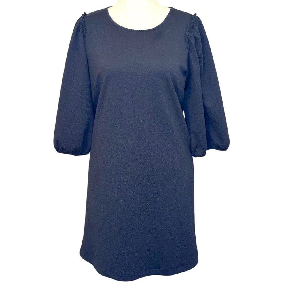 Ann Taylor dress black textured short full sleeve scoop neck shift dress Sz L
